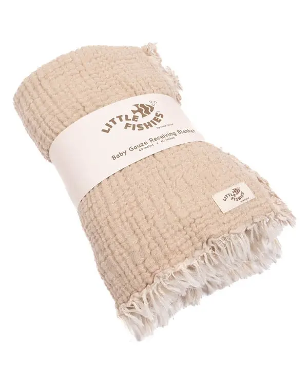 Little Fishies Gauze Receiving Blanket - Beige | Sand Cloud