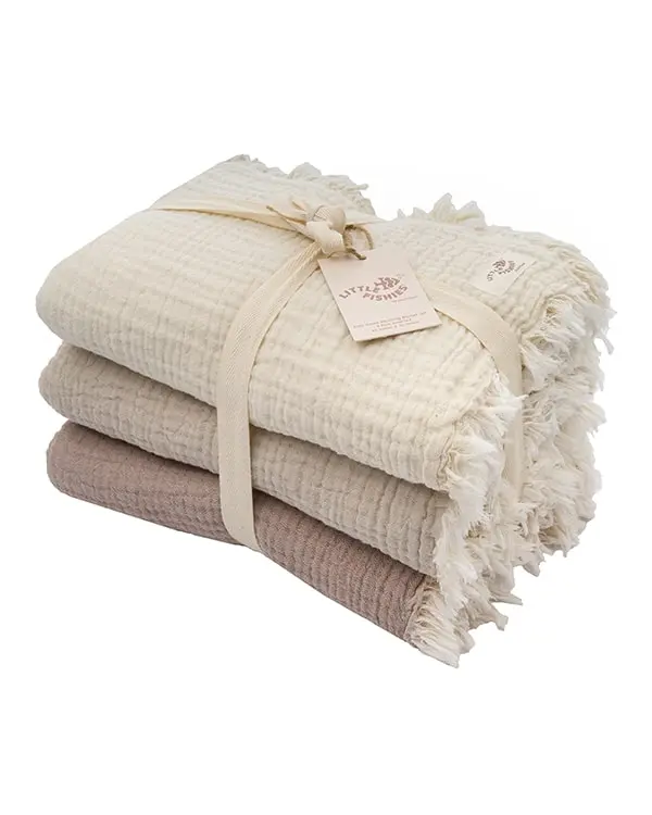 Little Fishies Gauze Receiving Blanket Set - 3 Pack - Natural / Beige / Warm Taupe | Sand Cloud