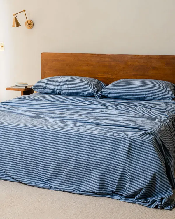 Alternative view of Classic Micro Twill Stripe Melange Flat Top Sheet Indigo | Sand Cloud